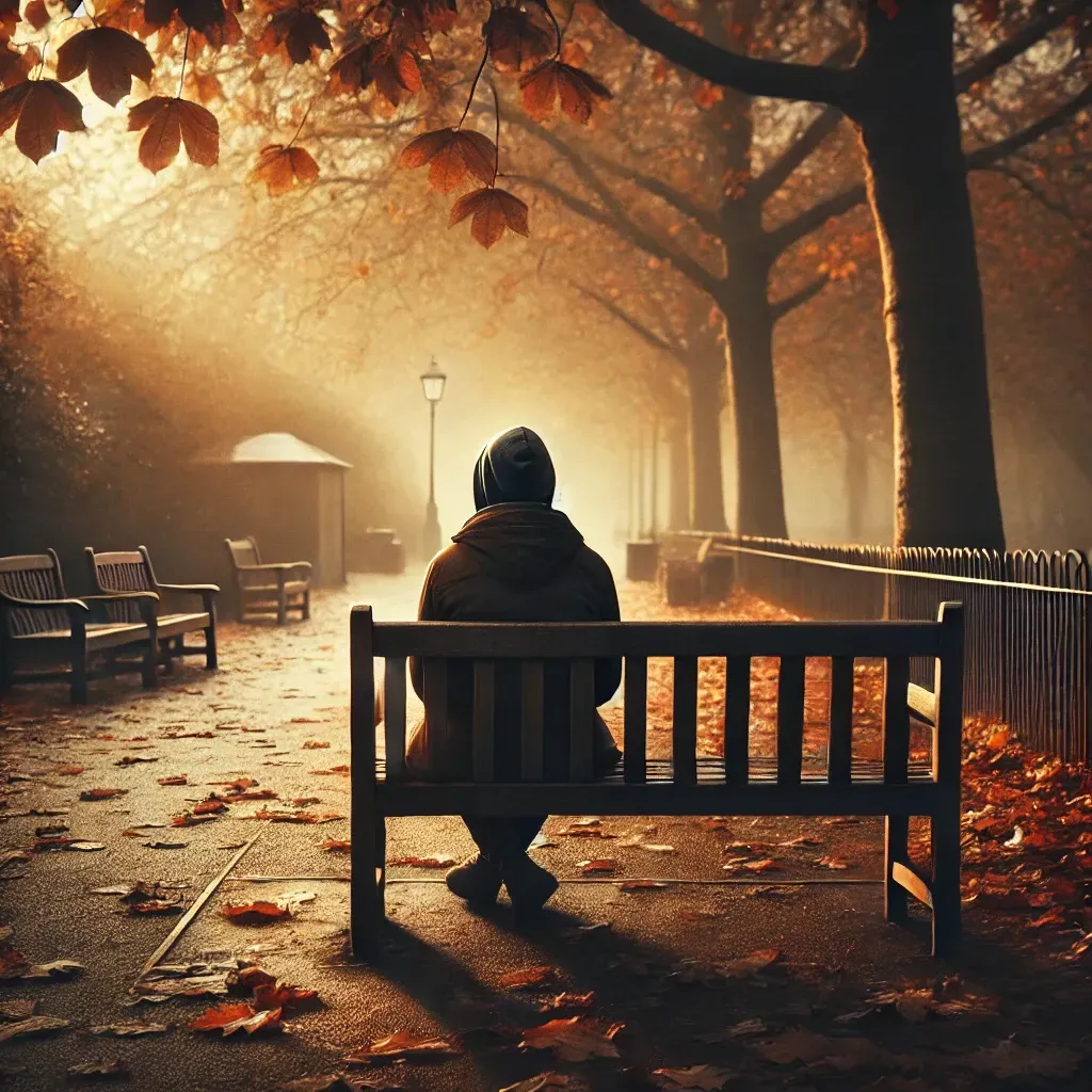 Een persoon zit alleen op een parkbank in de herfst, omringd door vallende bladeren. De ingetogen lichaamshouding en de zachte, melancholische sfeer stralen een gevoel van eenzaamheid en introspectie uit. De afbeelding visualiseert het gevoel van alleen zijn, zoals beschreven in de blog over het doorbreken van emotionele blokkades en het herstellen van verbinding met anderen.