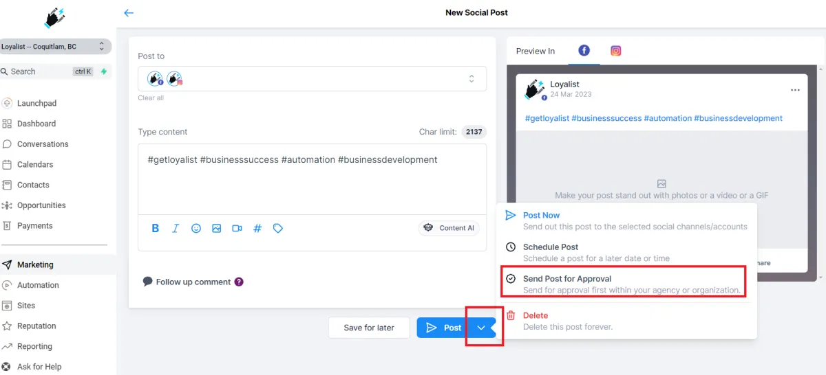 Post Approval Flow in Social Planner