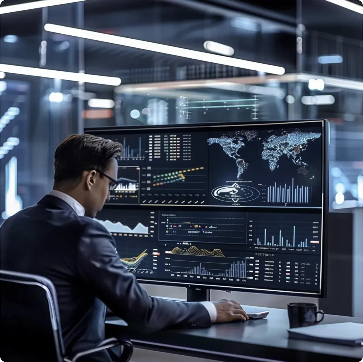 Forex account manager analyzing real-time global currency charts and trading performance metrics on a multi-screen setup in a modern financial office.
