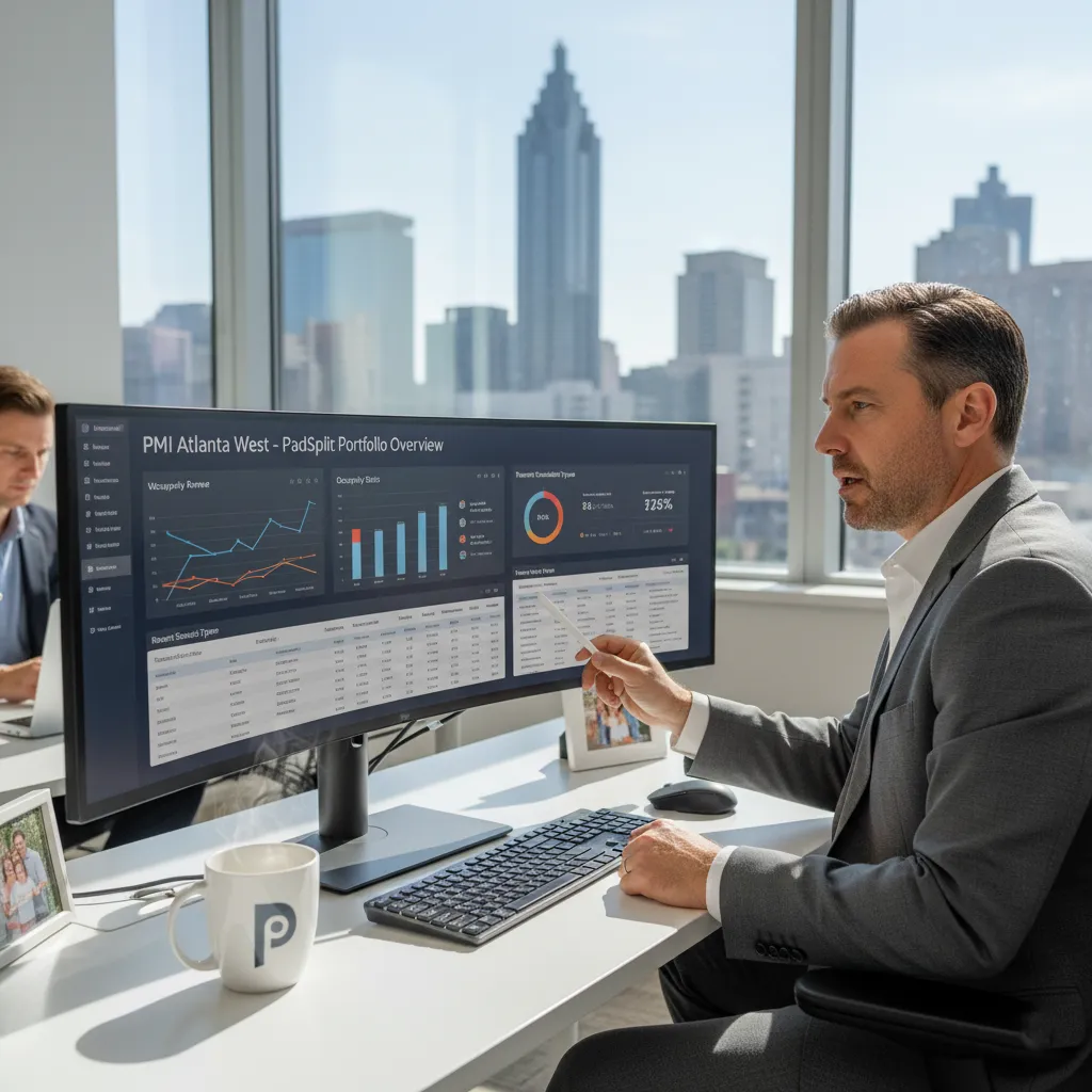 a realistic photo of a Property manager man reviewing data for 100+ co-living units