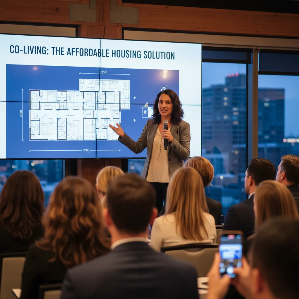 a realistic photo of a lady, representing Loni Lebanoff, CEO of Cognitutor and real estate investor, engaged in a discussion about the co-living model for affordable housing