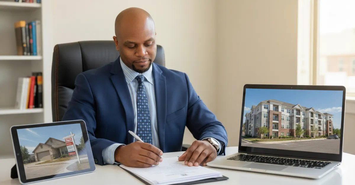 Tomi Odukoya looking down at sold sign house paper and a VA loan document, big beautiful renovated house on laptop screen