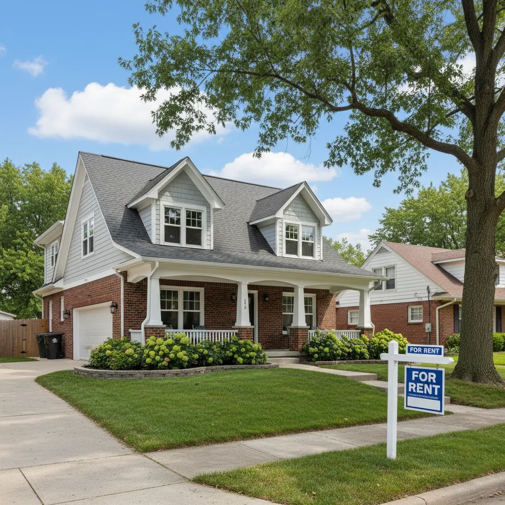 A photo of a freshly renovated or well-maintained single-family rental house in Kansas City, possibly with a For Ren sign.