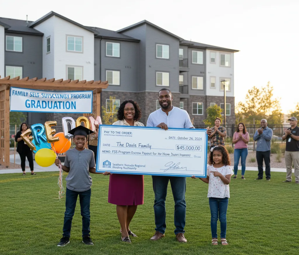 Family celebrating their graduation from the Family Self-Sufficiency (FSS) Program with a large escrow check.