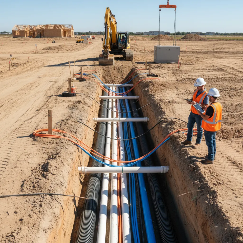Roads, utility trenching, and ground preparation on a site, illustrating the initial stage of horizontal development for a new community.