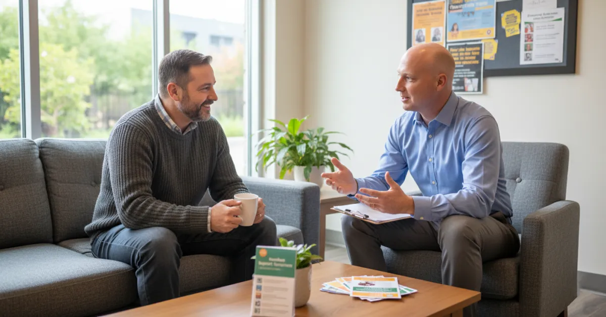 Brian, a case manager speaking with a resident in a supportive housing community setting