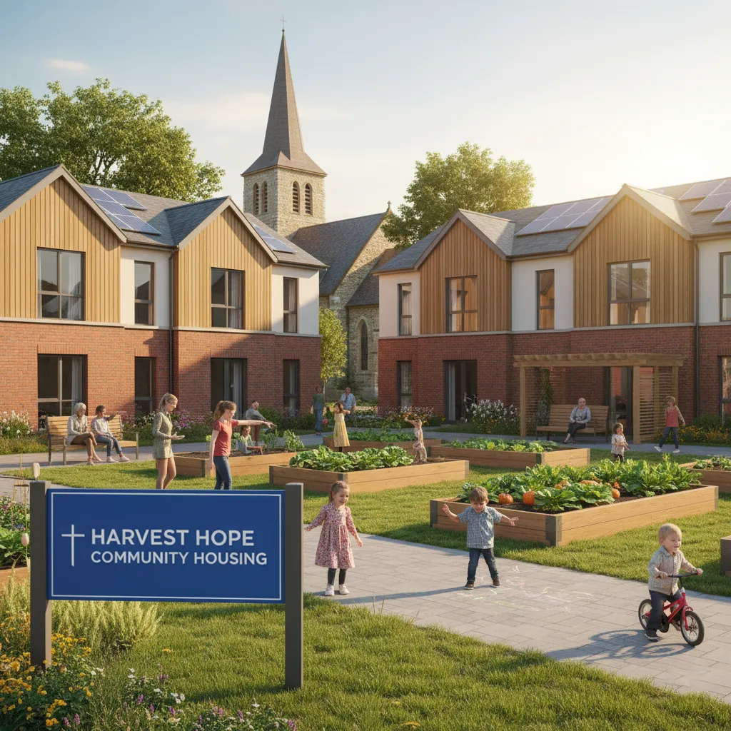 a realistic photo of Church land repurposed into affordable housing through community partnerships