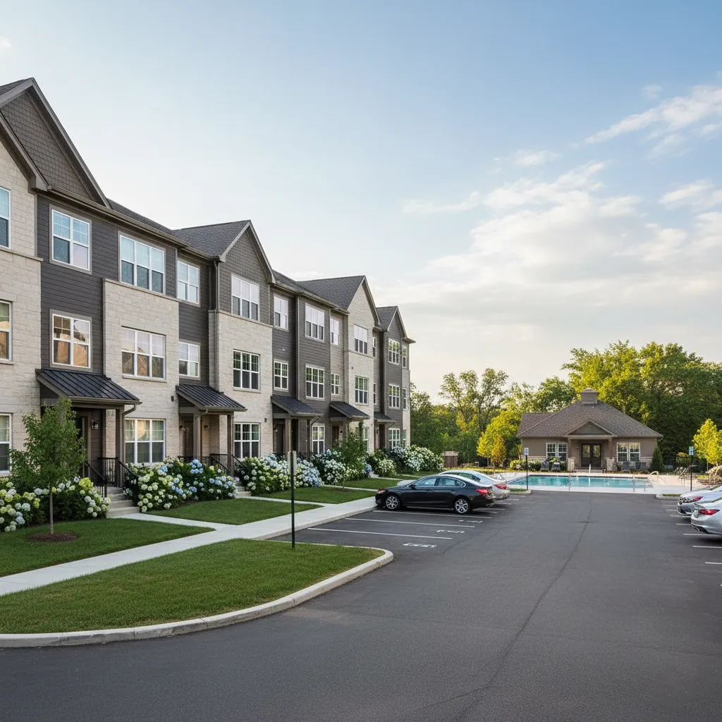 A well-maintained townhome or condo complex, illustrating a typical HOA community investment property.