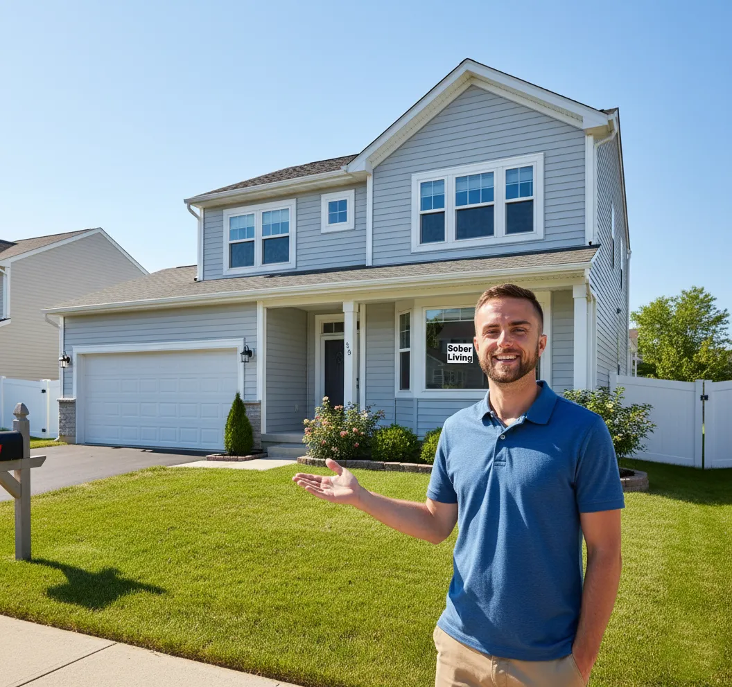 Patrick showing A clean, five-bedroom suburban house with a sign in the window subtly reading 'Sober Living'
