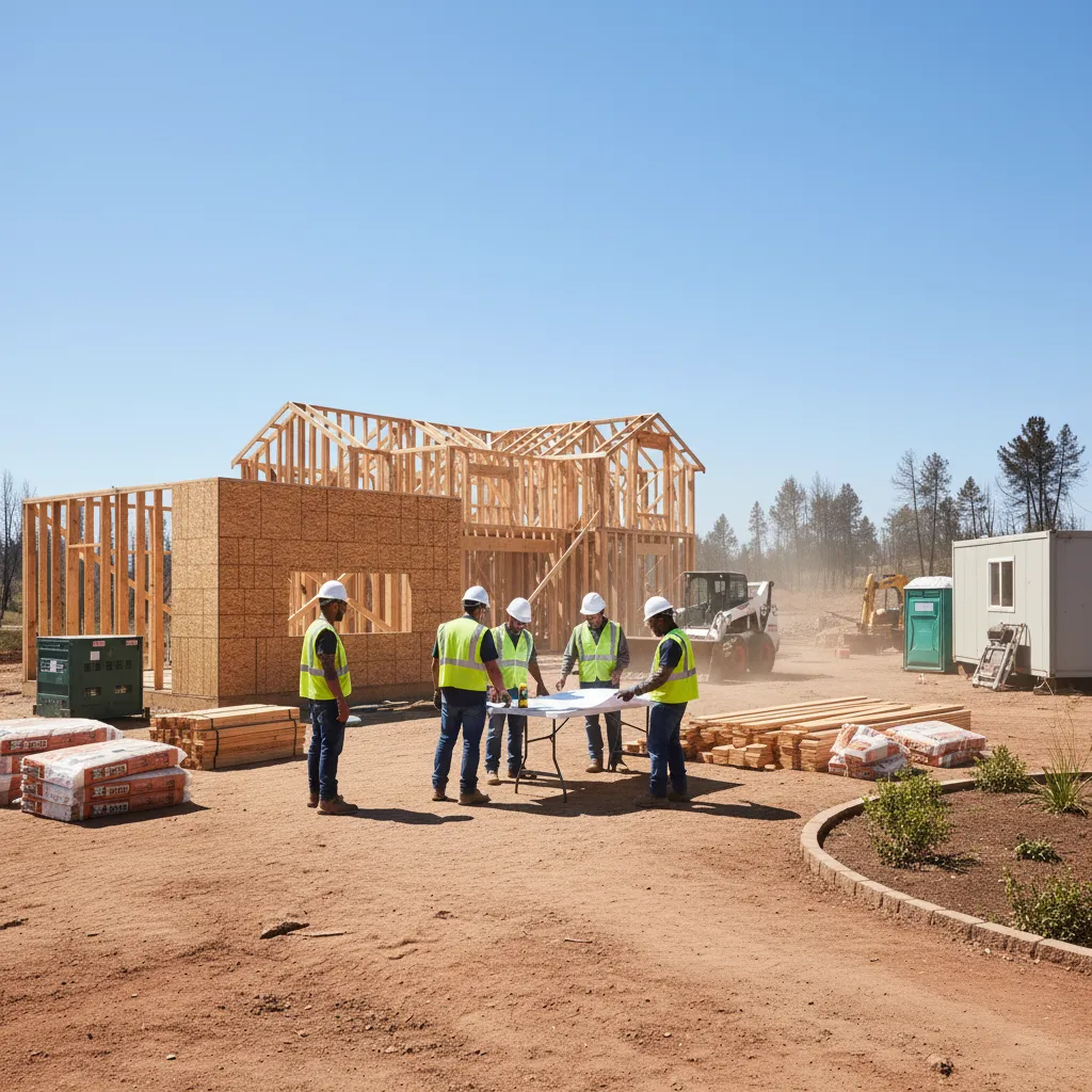 a home under construction with a construction crew, representing the fire rebuild process  after wildfire