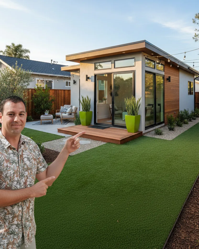 Andrew pointing the house, A newly built, modern ADU in a backyard setting