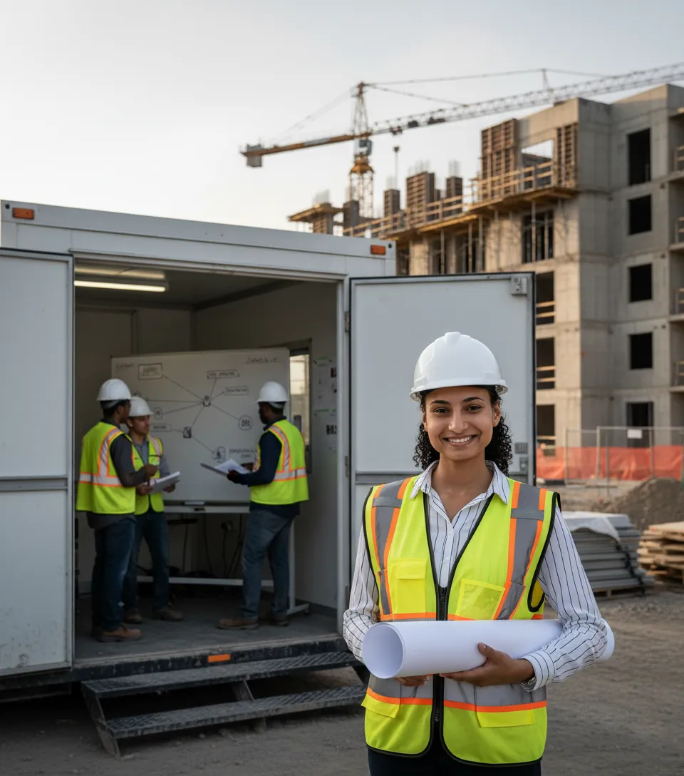Amar standing in front of a construction site trailer with large blueprints and a complex funding chart visible, symbolizing project support