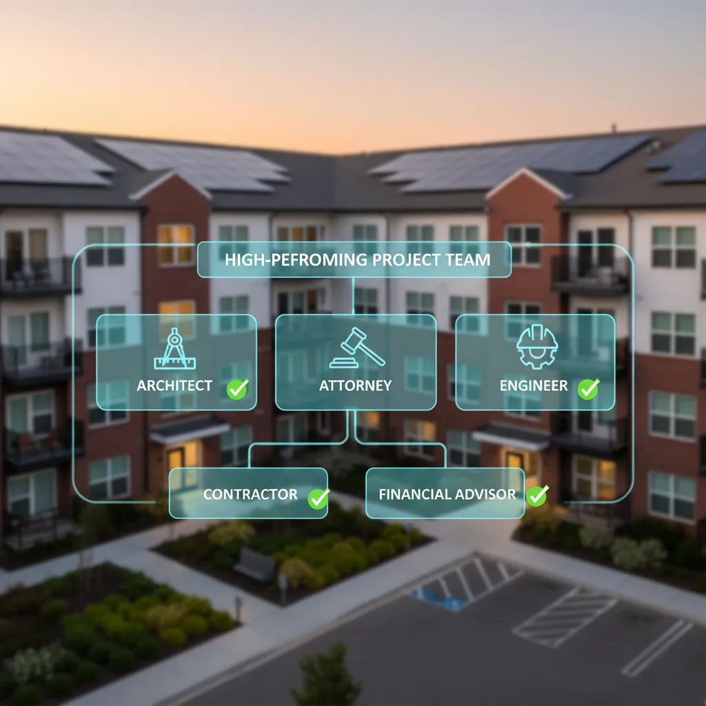 A clear, well-organized team chart showing roles (architect, attorney, engineer) with green checkmarks, superimposed over a finished affordable housing building, symbolizing a high-performing team.