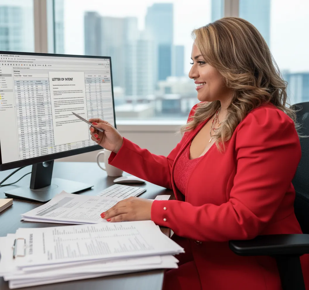 Andrea Garcia, using a computer and documents to analyze deal terms for large multifamily acquisitions, emphasizing LOI strategy 1
