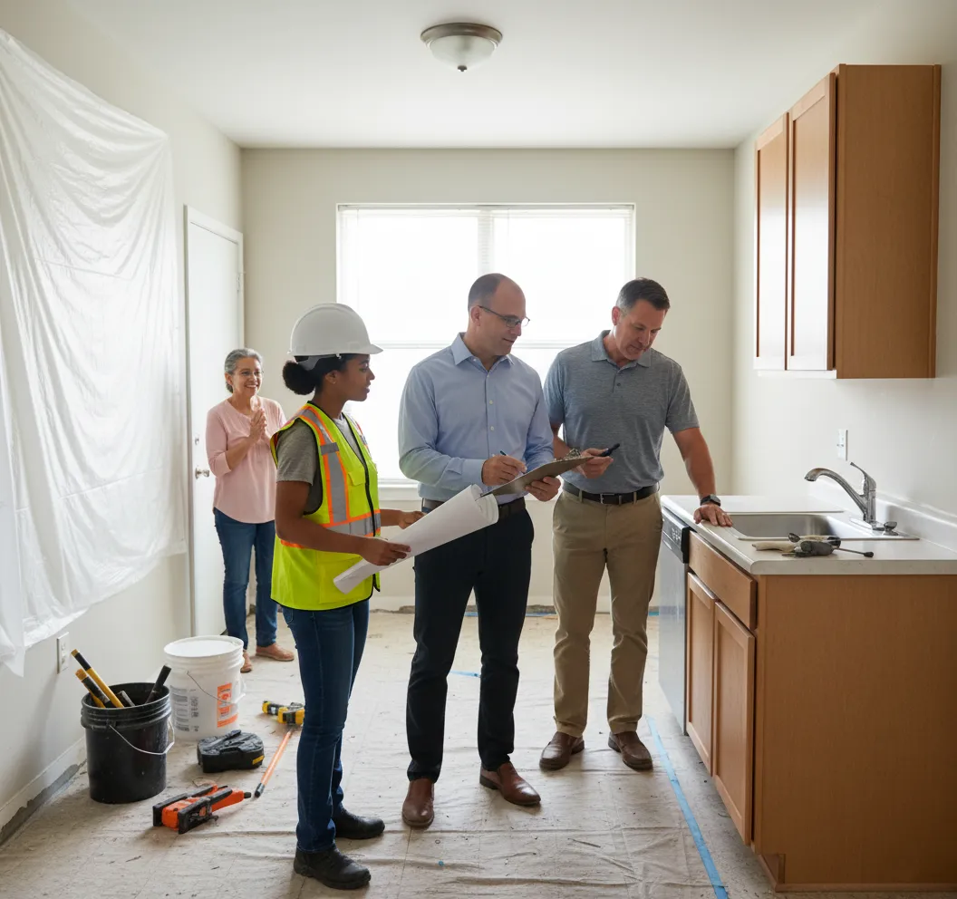 using the image/face in the photo,  generate a realistic photo (1200 x 630) of  George and other developers and investors and construction managers communicating inside a partially renovated, occupied apartment unit during an affordable housing upgrade