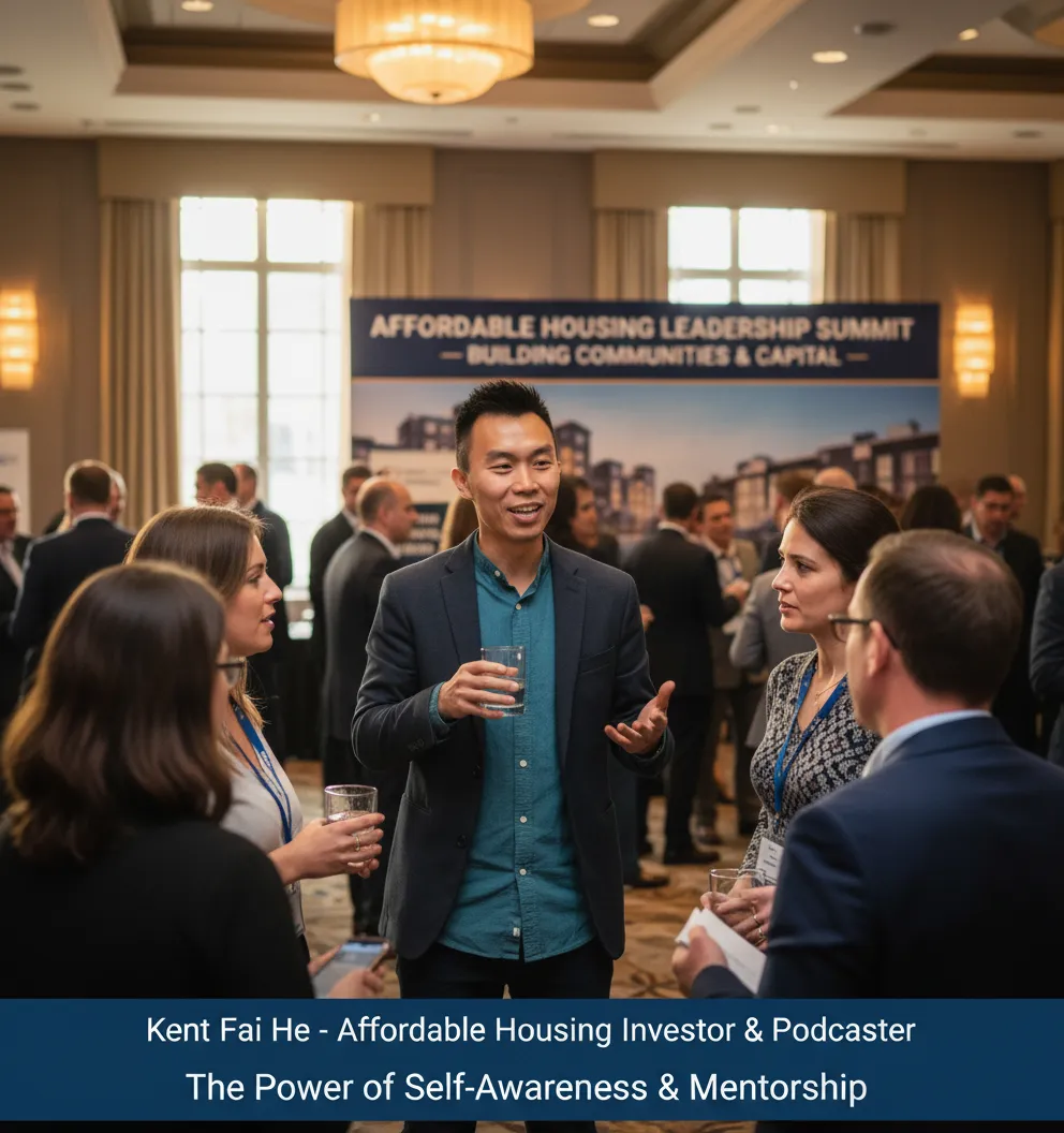 Kent Fai He discussing self-awareness and CliftonStrengths for success in real estate development in networking event with affordable housing developers building relationships.