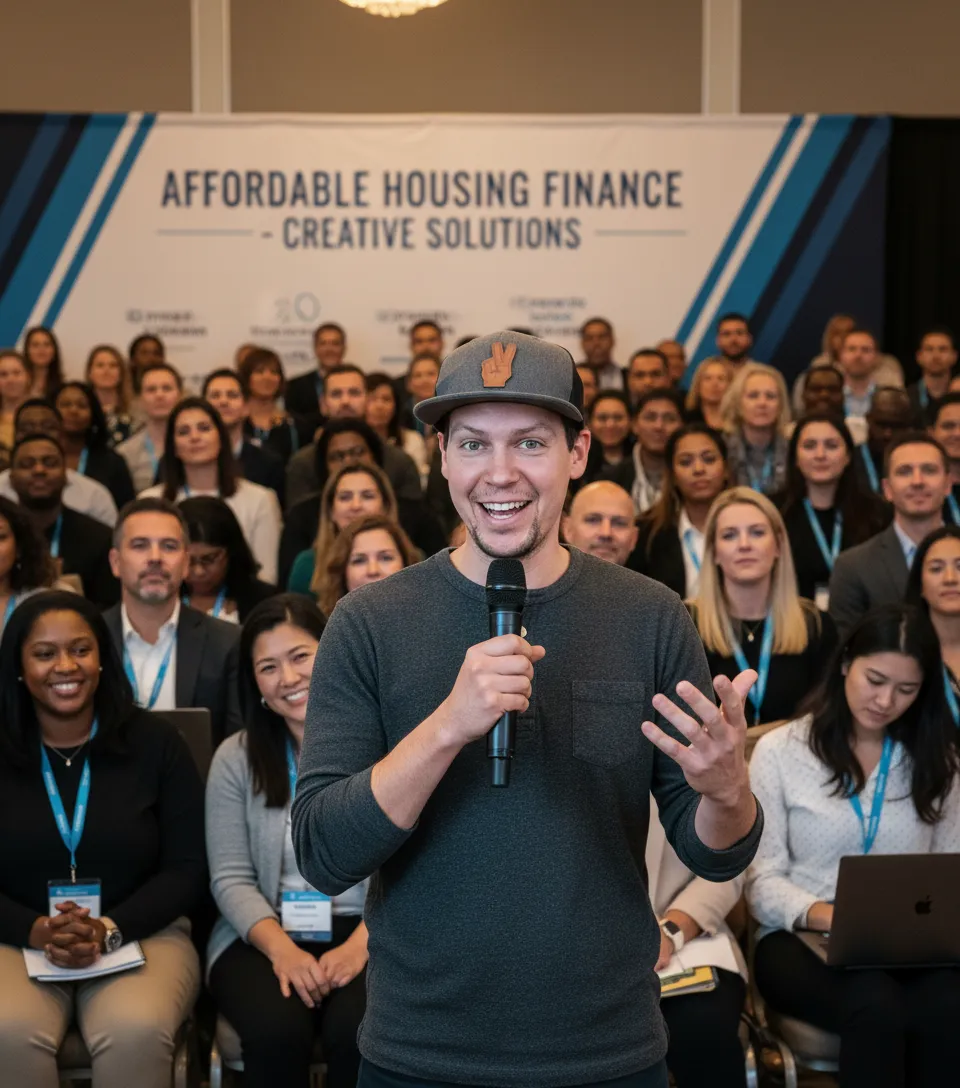 Caleb Christopher discussing ethical creative finance strategies for affordable housing investors in a crowd meeting with investors different race and gender and age