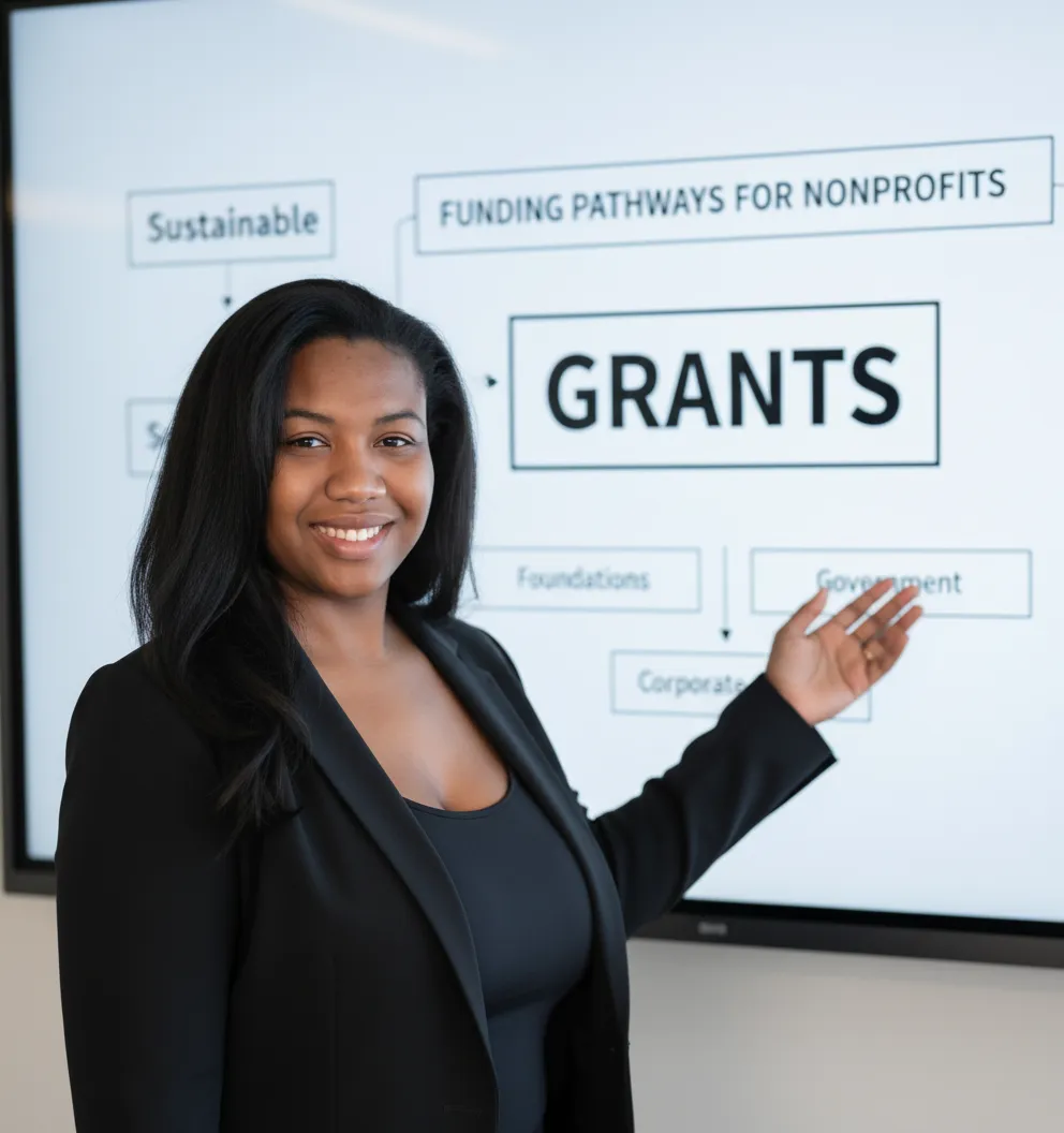 Anber Little, CEO of Sustainable, showing funding pathways for nonprofits, with the background elements (including any text boxes) artistically blurred to keep the focus on her and the concept of grants.