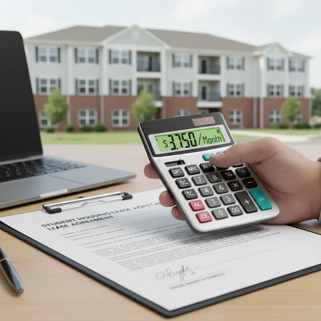 Hand holding a calculator showing a high cash flow number $3,750 per month next to a student housing lease agreement.