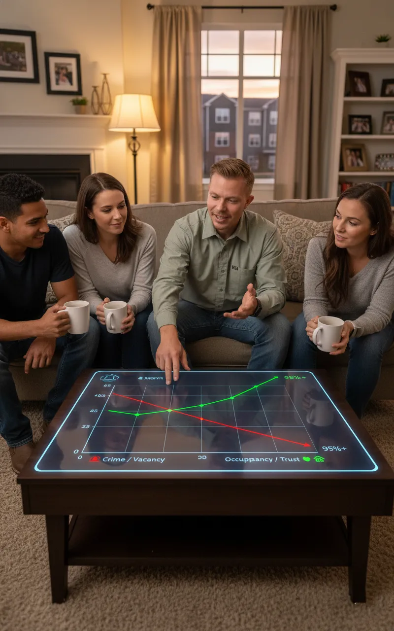 Joe Rinderknecht pointing to a chart showing a dramatic drop in Crime and Vacancy and a rise in Occupancy and Trust over an eight-month period