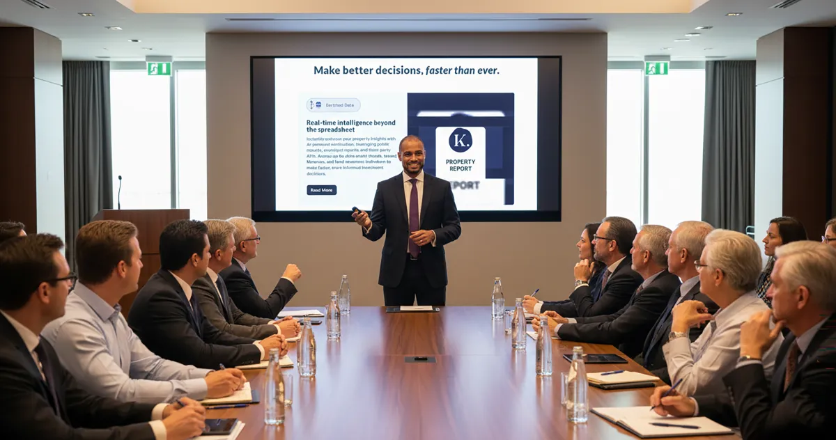 generate a realistic photo (1200 x 630) of Trevor showing his platform (the image uplaoded) on the screen in a conference with the investors and seniors retiring