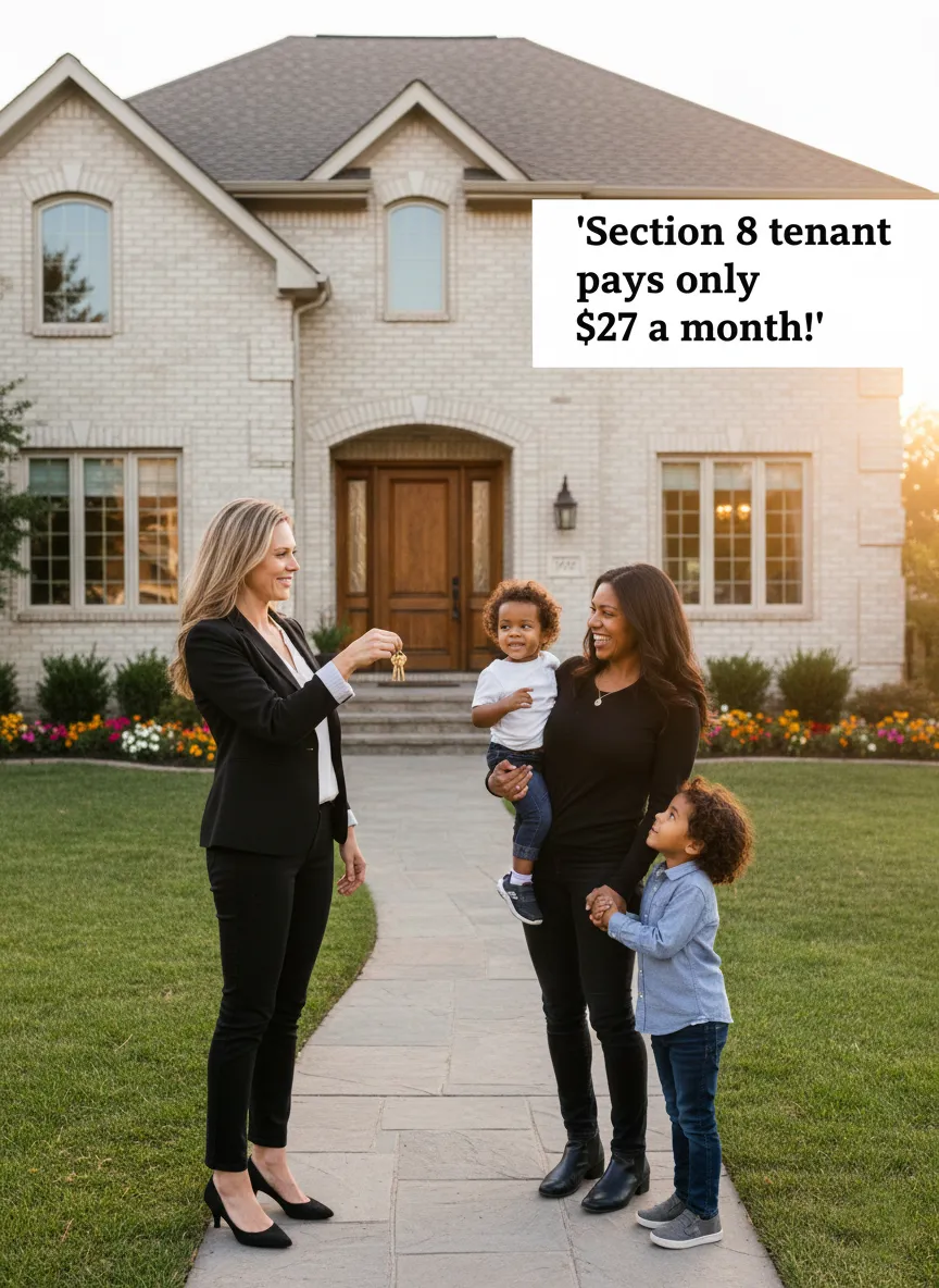 Happy landlord Rachelle Graham giving the keys to the tenant in front of the house facade, single family house, the tenant is happy with 2 kids, (put maybe in the upper right ;' Section 8 tenant pays only $27 a month!'