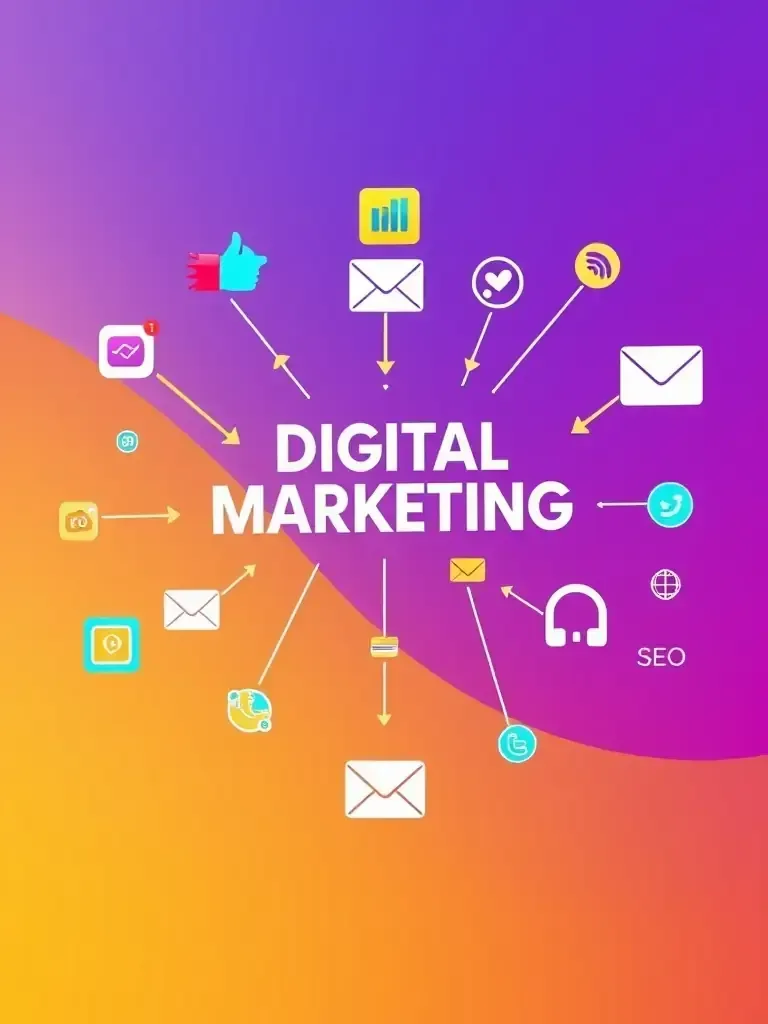 A stylized hub represents a business, surrounded by interconnected digital elements like social media icons, search engine results, email marketing, and analytics dashboards, highlighting a strong online presence and data-driven approach. The image uses vibrant colors and 3D perspectives to create an engaging visual for a marketing blog post, ideal for a digital marketing, web design, SEO, or geofencing focused blog, emphasizing growth and innovation.
