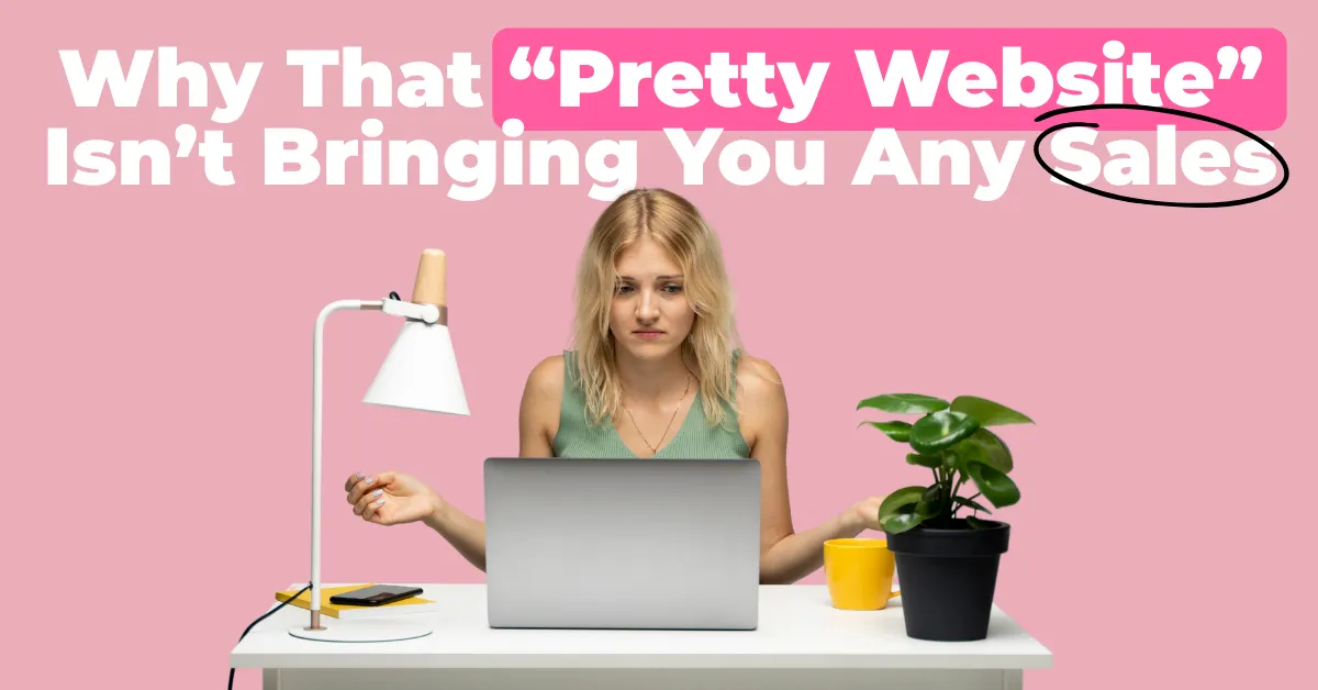 Confused woman sitting at a laptop with hands up, illustrating frustration over a pretty website not generating sales