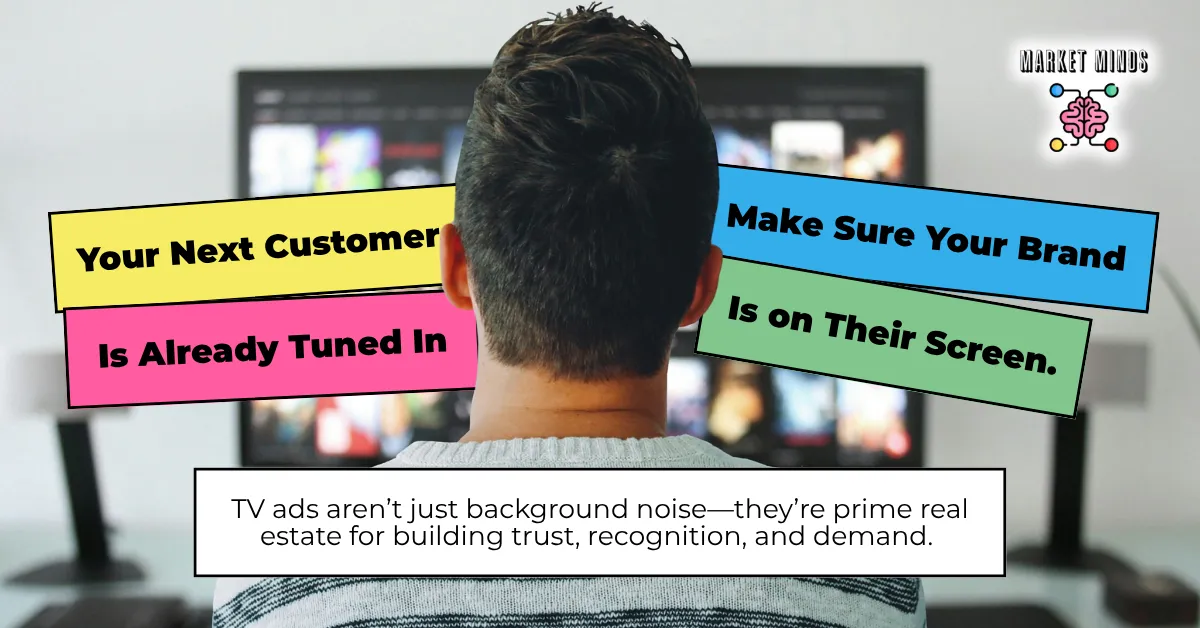 A man viewed from behind, watching a large television screen, with colorful text boxes overlaid: "Your Next Customer Is Already Tuned In," "Make Sure Your Brand Is on Their Screen," and a subtitle about TV ads building trust, recognition, and demand.