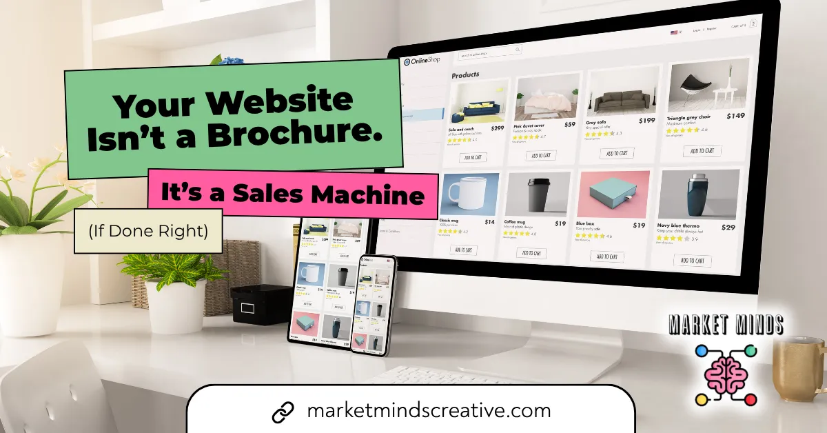 A desktop monitor, smartphone, and tablet all display an e-commerce website, illustrating a responsive design for online sales. Overlaid text reads "Your Website Isn't a Brochure. It's a Sales Machine (If Done Right)," with the Market Minds Creative logo and website address visible.