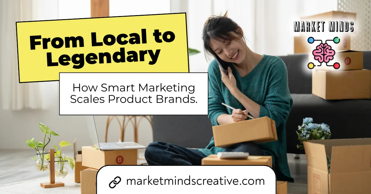 A smiling woman on the phone sits on the floor surrounded by shipping boxes, suggesting she is running a product-based business. Yellow text reads "From Local to Legendary" and a white box below it states, "How Smart Marketing Scales Product Brands." The Market Minds Creative logo and website are also visible.