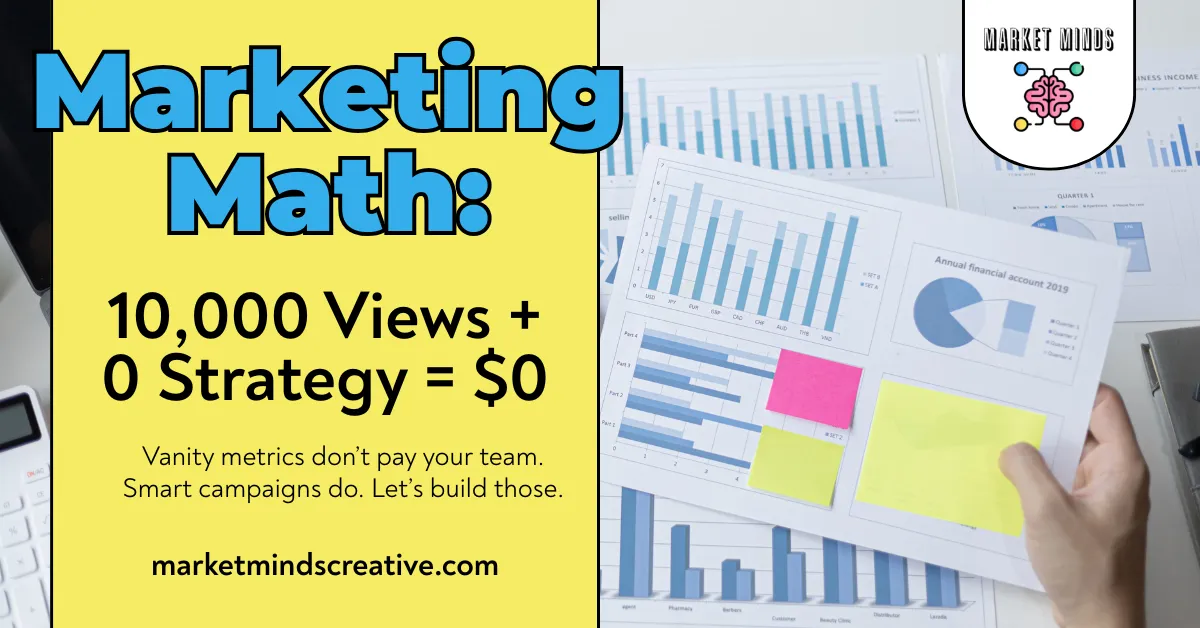 A person's hand holds a megaphone, pointed at the viewer, on a yellow background. The text "If Your Ads Don’t Feel Like a Shortcut, You're Doing It Wrong" is in bold black. Below that, smaller black text reads, "Good marketing feels like magic. But it’s actually method. We’ll show you the moves." The Market Minds logo is in the top right.
