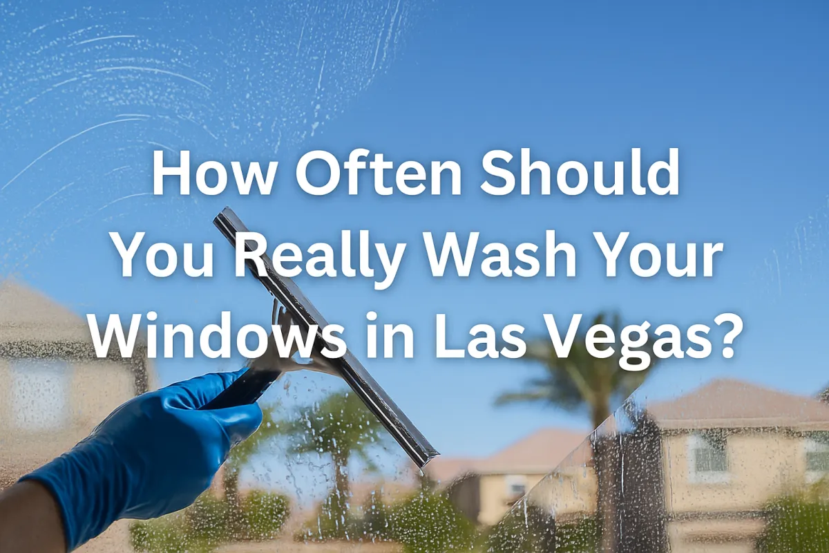 Gloved hand using a squeegee to clean a window with text overlay reading ‘How Often Should You Really Wash Your Windows in Las Vegas?’ against a backdrop of palm trees and Las Vegas homes