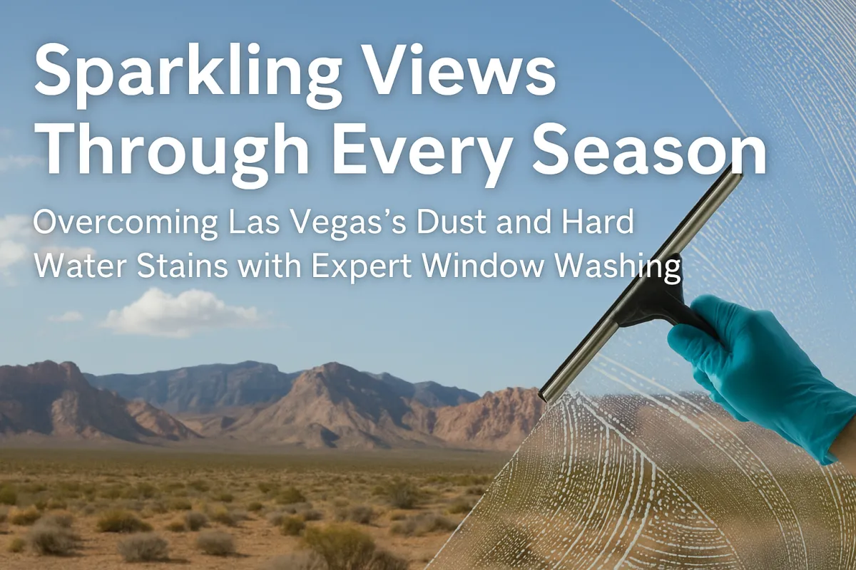A gloved hand wipes a soapy window with a squeegee, revealing a clear view of the Las Vegas desert mountains under a blue sky. Text overlay reads: “Sparkling Views Through Every Season.”