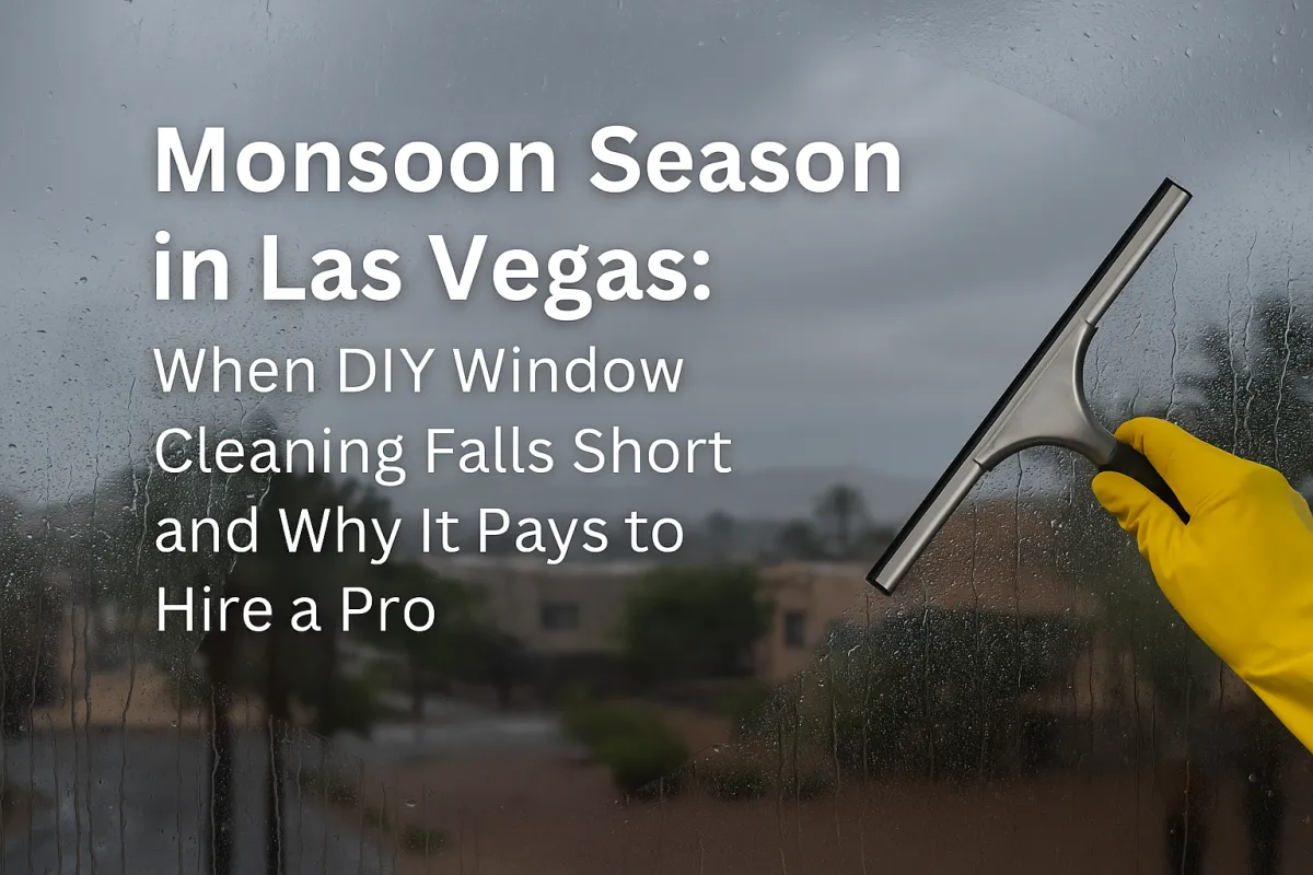 A gloved hand uses a squeegee to clear rain-streaked glass during a storm in Las Vegas, revealing a clean view of buildings and desert trees. Text overlay highlights monsoon season window cleaning tips.