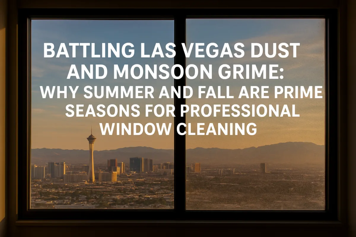 View of Las Vegas skyline through a window with dust and grime, illustrating the need for summer and fall professional window cleaning.