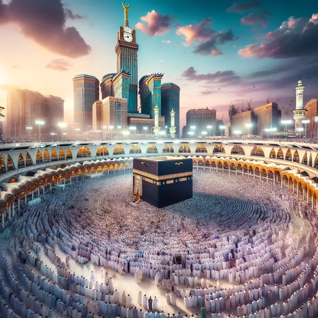 Die Kaaba in Mekka, umgeben von Pilgern in weißen Ihram-Gewändern, die Tawaf unter einem klaren Himmel durchführen.