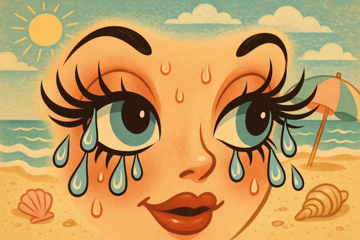 Cartoon close-up of feminine lashes sweating in summer heat at the beach, with a vintage pin-up style illustration.
