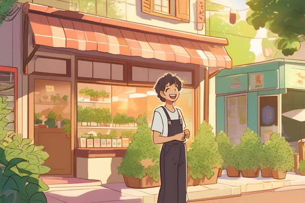 A cheerful shop owner standing outside a small plant shop with a striped awning, surrounded by greenery and bathed in warm sunlight. The scene has a cozy and welcoming atmosphere.
