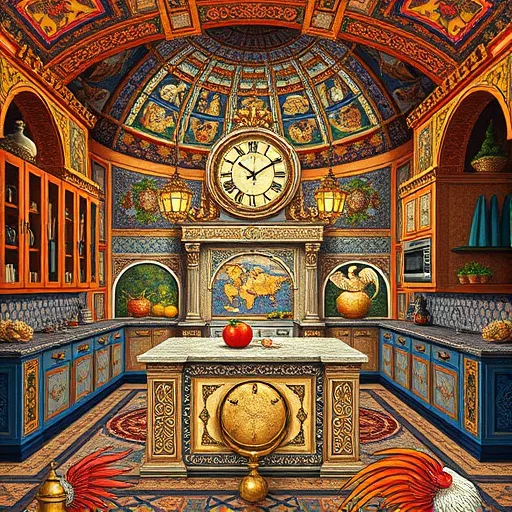 A richly detailed high Renaissance-style kitchen scene showcasing the artistry of local lighting specialists. The opulent kitchen features warm golden hues, ornate chandeliers with shimmering crystals, and intricate metalwork that cast gentle, multifaceted glows over polished marble countertops and rich wooden cabinetry. Classical motifs and delicate scrollwork add a sense of grandeur, while reflections highlight the play of light and shadow. In the background, a scenic window reveals a lush garden illuminated by early morning sunlight, enhancing the serene atmosphere. Quirky details include a medieval-style torch-like lantern symbolizing expert lighting, a vintage drafting table with detailed sketches of lighting designs, and a curious cat inspecting a hanging pendant light. The composition combines professionalism with artistic flair, emphasizing mastery in lighting craftsmanship, with dramatic chiaroscuro and warm textures that evoke the grandeur and elegance of the High Renaissance.