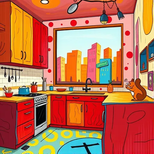 A colorful, whimsical depiction of a custom kitchen design in North Bergen, New Jersey, styled in bold ArtBrut. The scene features oversized, uneven cabinets in bright, clashing hues such as fiery reds, electric blues, and vivid yellows, creating a playful and energetic atmosphere. The countertops are jagged with exaggerated textures, decorated with quirky, mismatched utensils, oddly shaped pots, and eclectic decor that convey creative chaos. A large, cartoonish window provides a simplified view of the North Bergen skyline with blocky, boldly colored buildings, emphasizing the urban setting. The background wall showcases wild, expressive brushstrokes and abstract street art-inspired patterns, adding lively personality. Tiny whimsical elements, like a floating spoon with a mischievous smile and a small squirrel peeking from behind a cabinet handle, enhance the playful narrative. The scene is filled with exaggerated shadows and highlights, emphasizing handcrafted artistry. The bold, saturated color palette and playful chaos celebrate inventive craftsmanship and the unique spirit of custom kitchen design, subtly referencing North Bergen’s urban character with stylized street signs and skyline motifs. Minimalist geometric shapes and stylized appliances complete this energetic, eye-catching composition.
