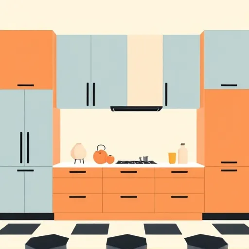 A vibrant Bauhaus-inspired illustration of a modern, handleless kitchen featuring sleek, minimalist cabinets with bold geometric shapes and clean lines. The composition emphasizes symmetry and simplicity, with some cabinet doors appearing to float or tilt, adding playful whimsy. The color palette includes muted pastels—soft blues, warm terracotta, and cream—accented by contrasting black and white details, creating a calm yet lively atmosphere. The countertop displays minimalist kitchen accessories such as a teardrop-shaped kettle, cubic storage jars, and minimalist utensils, seamlessly blending into the abstract, stylized kitchen background with soft rounded edges and simplified textures. Quirky details include a floating abstract fruit basket made of circles and triangles, and a patterned tiled floor with asymmetrical shapes and contrasting colors that add character. The overall mood is sophisticated and approachable, showcasing the elegance of handleless cabinetry infused with creativity. The illustration employs Bauhaus principles, highlighting form and function through expressive color blocks, abstract shapes, and a balanced grid layout, ideal for representing modern, innovative kitchen design.