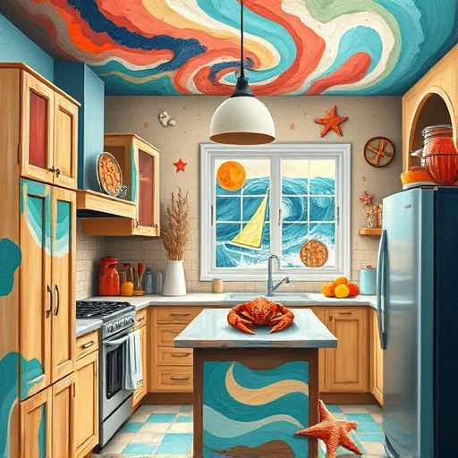 A vibrant Neo-Expressionist depiction of a coastal-inspired kitchen transformation. Bold, energetic brushstrokes create a lively space with seaside charm, featuring swirling waves of aqua and turquoise blending into warm sandy beiges and coral accents. Rustic distressed wooden cabinets are painted with bright, uneven strokes alongside eclectic ceramic tiles with abstract wave patterns. A quirky sailboat-shaped pendant light hangs above a cluttered countertop filled with colorful, exaggerated fruit and vibrant kitchenware. A cheerful, oversized lobster sculpture sits atop a shelf, adding whimsy. Sleek appliances are rendered with jagged, expressive lines conveying movement and energy. Funky sea motifs—starfish, seashells, and coral—are scattered throughout as bold textured marks, enhancing depth and personality. In the background, a stylized window reveals a swirling, tumultuous ocean under a turbulent sky painted with vivid reds, deep blues, and fiery oranges, heightening the scene's energetic, dynamic mood. The entire composition vibrates with thick impasto textures, vivid contrasting colors, and expressive strokes, capturing warmth, vitality, and playful creativity in a coastal kitchen makeover with distinct Neo-Expressionist flair.