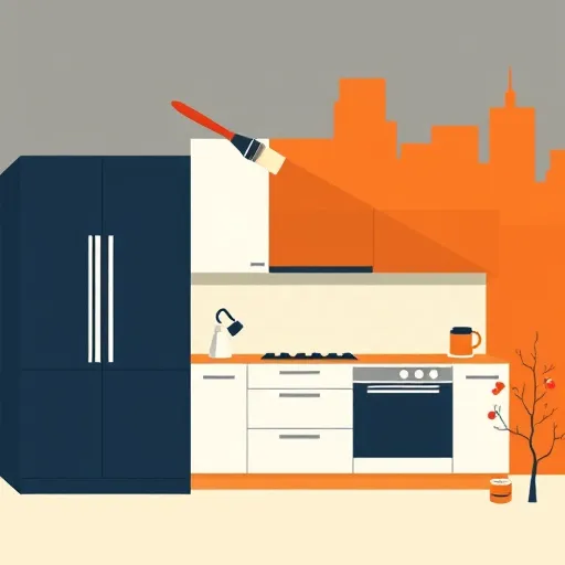 A vibrant Bauhaus-inspired illustration depicting kitchen cabinet refacing in Montclair, New Jersey. The scene features sleek, minimalist cabinets with geometric shapes, clean lines, and a bold color palette of deep navy, warm ochre, crisp white, and soft terracotta. Partially reconstructed cabinets are shown with abstract assembly lines and segmented fronts, illustrating transformation and renewal. A floating paintbrush crosses the scene to symbolize the refacing process, while whimsical icons of tools like spatulas, paint cans, and screwdrivers are integrated into the abstract background. The background showcases Montclair's charming neighborhood with simplified silhouette buildings, stylized trees, and a stylized New Jersey skyline in angular geometric forms. Flat planes and sharp edges characteristic of Bauhaus style create a dynamic, energetic mood that emphasizes innovation, craftsmanship, and artistic home improvement. Subtle decorative patterns, resembling stylized tiles or fabric motifs, add personality, completing a balanced yet asymmetrical composition that transforms mundane kitchen updates into a bold artistic statement.