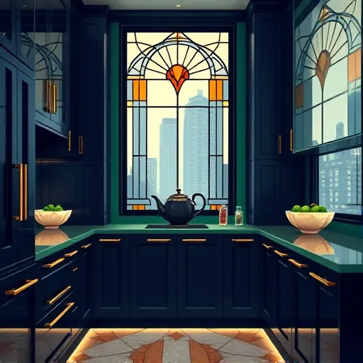 Elegant Art Deco-style illustration of custom kitchen cabinets in Lyndhurst, New Jersey. The scene features luxurious, symmetrical cabinetry with glossy navy and emerald green finishes, accented by metallic gold details and vintage-inspired streamlined handles. Intricate patterns with floral and sunburst motifs adorn the countertops, adding decorative flair. Playful decorative elements include a vintage teapot and a geometric fruit bowl, infusing personality. Large stained glass windows with Art Deco motifs reveal a cityscape view characteristic of Lyndhurst’s historic charm. Warm, soft lighting highlights the gold accents and glossy surfaces, creating a refined, inviting atmosphere. The color palette emphasizes rich navy, emerald green, gold, cream, and black, blending vintage glamour with modern sophistication. The composition balances ornate, symmetrical design with quirky details, showcasing bespoke craftsmanship and elegant style in a luxurious kitchen setting.