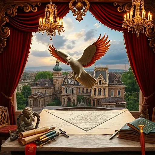 A majestic, opulent scene showcasing the refined world of home remodeling professionals, blending intricate Baroque details with modern craftsmanship. The elaborate gilded workshop features ornate swirling patterns, cherub sculptures, and rich draperies framing a spacious, high-ceilinged studio. Vintage carpenter’s tools—gleaming saws, chisels, and paintbrushes—rest atop polished marble surfaces accented with gold leaf. A majestic blueprints and colorful swatches phoenix rises from a detailed drafting table, symbolizing innovation and renewal in home design. Luxurious velvet draperies cascade in rich folds, illuminated by opulent chandeliers with flickering candle-like bulbs, casting a warm glow. The background displays a sprawling baroque-style cityscape of intricate houses, arched windows, ornate facades, and lush greenery under a dramatic, cloud-filled sky in deep crimson, gold, and emerald hues. Playful details, such as whimsical scrolls with annotations and a hidden cheerful statuette of a builder, add personality. The scene exudes regal craftsmanship and creative inspiration, merging Baroque grandeur with the lively spirit of home transformation, ideal for a blog cover celebrating noble home remodeling artistry.