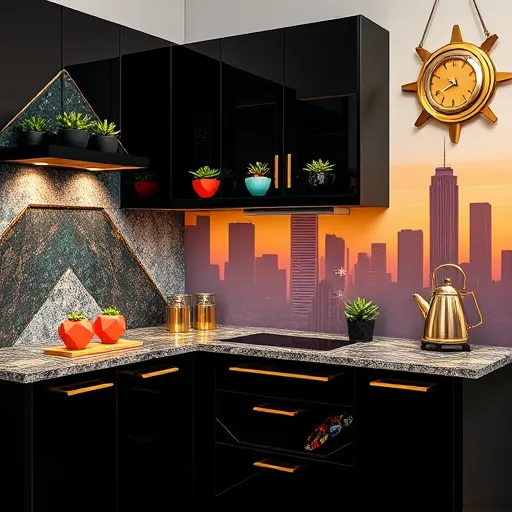 A luxurious, Baroque-inspired kitchen scene featuring ornate architectural details such as intricately carved golden moldings and elaborate ceiling frescoes. The space showcases shimmering marble countertops with swirling patterns, gilded brass fixtures, and vintage copper pots. Playful oversized fruit sculptures, including a golden apple and jewel-toned grapes, add a whimsical touch. Exotic, vibrant textiles drape over ornate, carved baroque-style chairs, blending opulence with comfort. In the background, a large window with heavy velvet drapes allows warm sunlight to flood the room, highlighting the detailed decor. A tall, ornate clock with humorous features, like exaggerated Roman numerals or a cherub figure, adds personality. The scene is bathed in soft amber tones, creating a rich, elegant atmosphere ideal for inspiring innovative, playful kitchen remodel ideas.