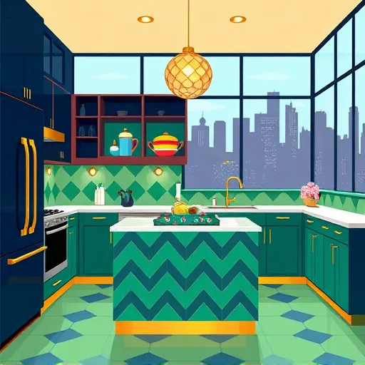 A vibrant, sleek Art Deco-style illustration of a modern kitchen featuring budget-friendly remodeling ideas. The scene includes streamlined cabinetry with geometric patterns, shiny brass fixtures, and retro-inspired appliances that combine luxury and affordability. Bright emerald, gold, and navy blue tiles add playful sophistication, while a central island with a zigzag surface pattern serves as a focal point. Vintage-style pendant lights with faceted glass shades cast warm glows, enhancing the inviting atmosphere. Decorative details include open geometric shelving displaying colorful vintage kitchenware and a countertop tray with quirky patterns. Large windows reveal a stylized cityscape silhouette, symbolizing urban living and inspiration. Subtle Art Deco motifs like sunburst patterns and symmetrical designs, along with a harmonious palette of navy, gold, emerald green, and blush pink, create a balanced, timeless, yet modern aesthetic that emphasizes stylish, affordable kitchen transformations.