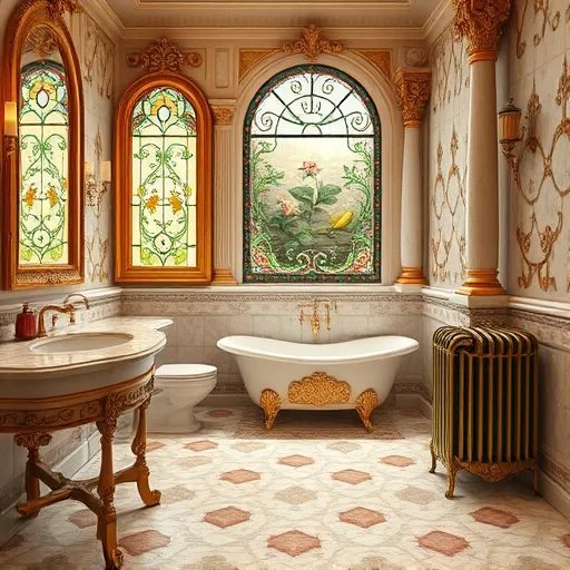 An ornate, Baroque-inspired bathroom scene blending opulence with accessibility features. The bathroom features elaborate mosaic tiling and polished marble countertops with gold accents, paired with modern accessible fixtures such as a sleek, roll-in shower with cascading water and a grand carved archway. A raised, intricately floral-carved bathtub integrates into the decorative flooring, with playful cherub sculptures peeking from behind ornate columns. Tall gilded mirrors with scrollwork reflect soft, warm light filtering through stained-glass windows decorated with floral motifs. Vintage Victorian-style radiator topped with a colorful dragonfly sculpture adds charming detail. The richly decorated walls showcase elaborate stucco work, intertwined vines, and cherubic faces, combining traditional grandeur with subtle modern ergonomic elements. The color palette includes warm golds, deep emerald greens, soft pastels, and crème tones, creating a luxurious, harmonious atmosphere. The scene exemplifies a perfect balance of intricate ornamentation and contemporary accessibility, styled in dramatic Baroque artistry that celebrates beauty, functionality, and whimsical elegance in bathroom remodeling.