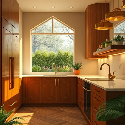 A vibrant Art Deco-style illustration of an eco-friendly kitchen remodel in Tenafly, New Jersey, featuring a sleek, streamlined interior in warm, muted earth tones such as rich browns, soft greens, and hints of gold. The kitchen showcases geometric patterned cabinetry accented with shiny brass details and vintage-inspired lighting fixtures that emit a soft glow, blending modern sustainability with classic Art Deco elegance. Decorative elements incorporate stylized botanical motifs like lush ferns, stylized leaves, and flowering vines, symbolizing harmony with nature. Quirky touches include a retro radio topped with a potted plant and a vintage water faucet with droplets, emphasizing water conservation. The countertop is made from repurposed wood or recycled materials, with a neat arrangement of colorful reusable containers and eco-friendly kitchen tools. A large geometric window in the background reveals a tranquil suburban backyard with leafy trees and flowering shrubs, highlighting a connection to nature. The overall scene exudes calm, optimism, and creativity, showcasing a stylish, environmentally responsible kitchen renovation characterized by symmetrical shapes, elegant lines, and a balanced palette of neutral tones with vibrant accents, embodying sustainable living and tasteful innovation.